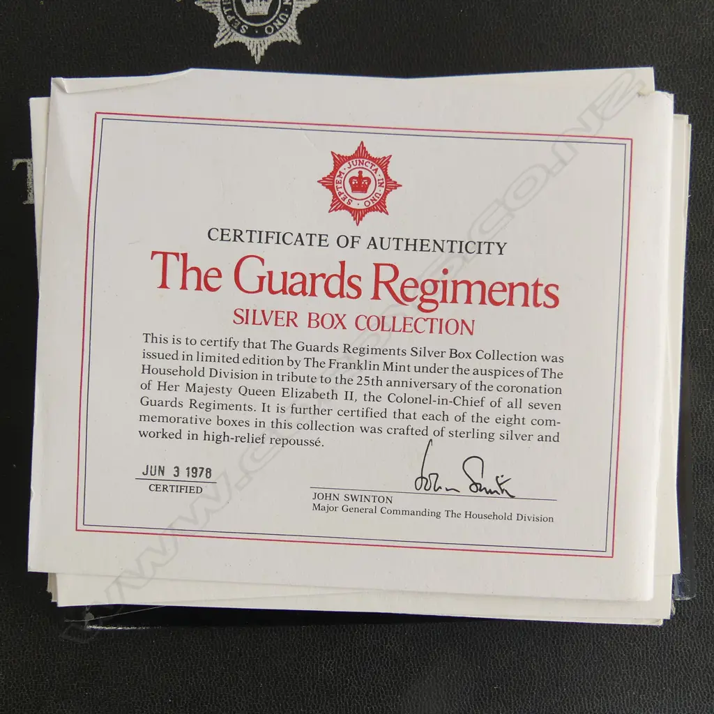 STERLING SILVER BOXED SET OF  EIGHT CONTAINERS 'THE GUARDS REGIMENT' STERLING SILVER, 25gm EACH Image 1++