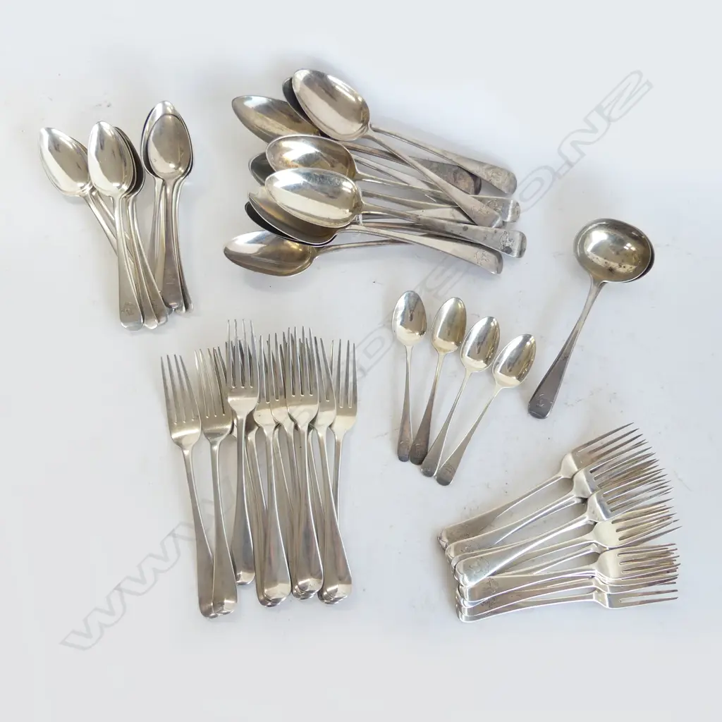 MAINLY GEORGE III SILVER 12 PLACE SILVER CUTLERY SET. 2509gms. All crested- dble headed sea monster & 'Aye Forward' Image 1++