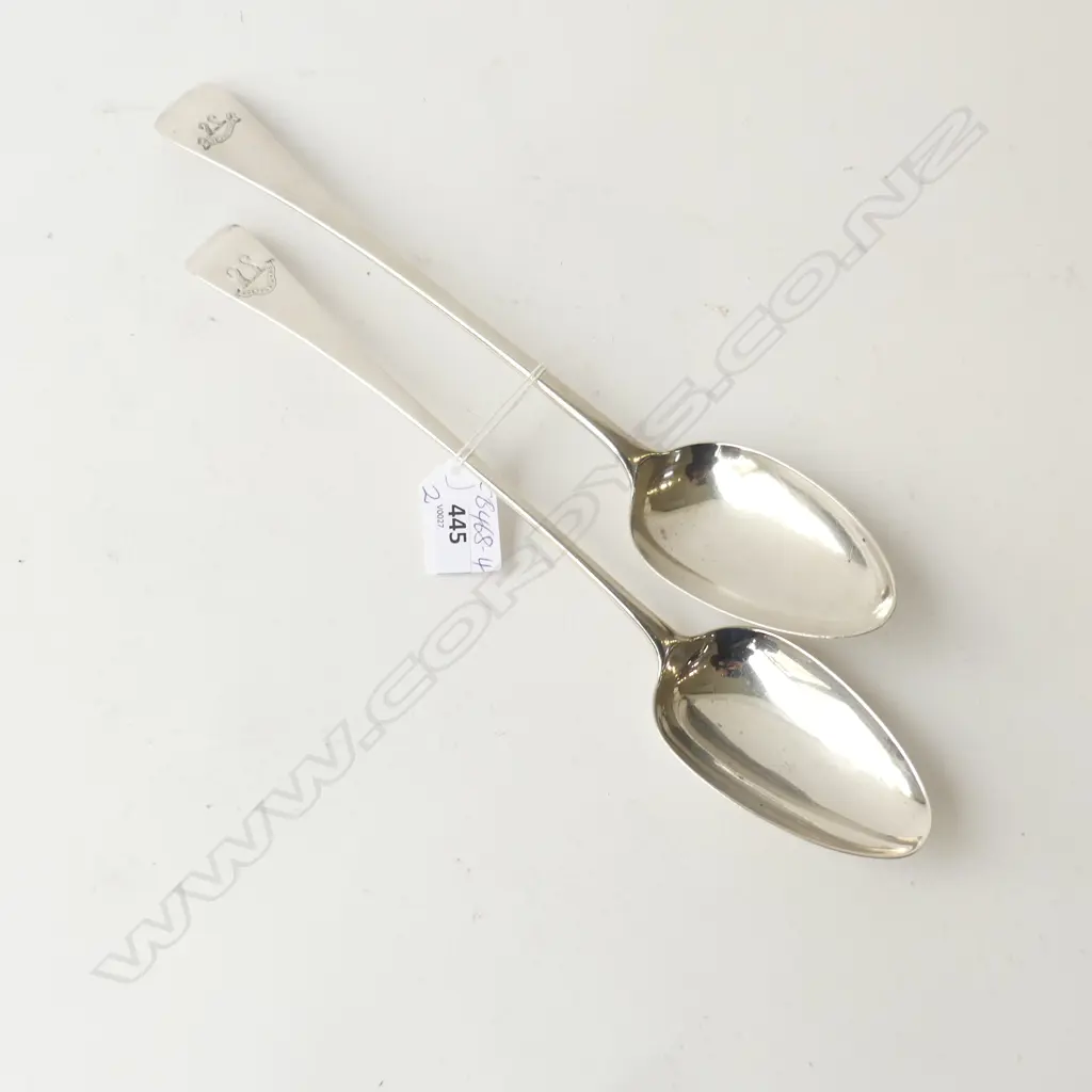 PR GEORGE III SILVER PIE SPOONS London 1798 & 1818. 204gms.  Crested with dble headed sea monster & 'Aye Forward' Image 1++