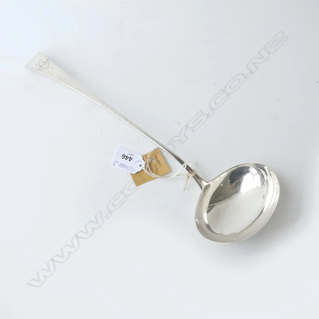 London 1792 SILVER SOUP LADLE by Solomon Hougham 157gms. Crested with dble headed sea monster & 'Aye Forward' Image 1++