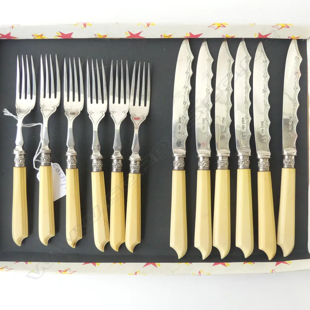 12 PIECE CUTLERY SET STG SILVER COLLARS SHEFFIELD 1903 MAKER: W.R. HUMPHREYS & CO., L.200MM Image 1++