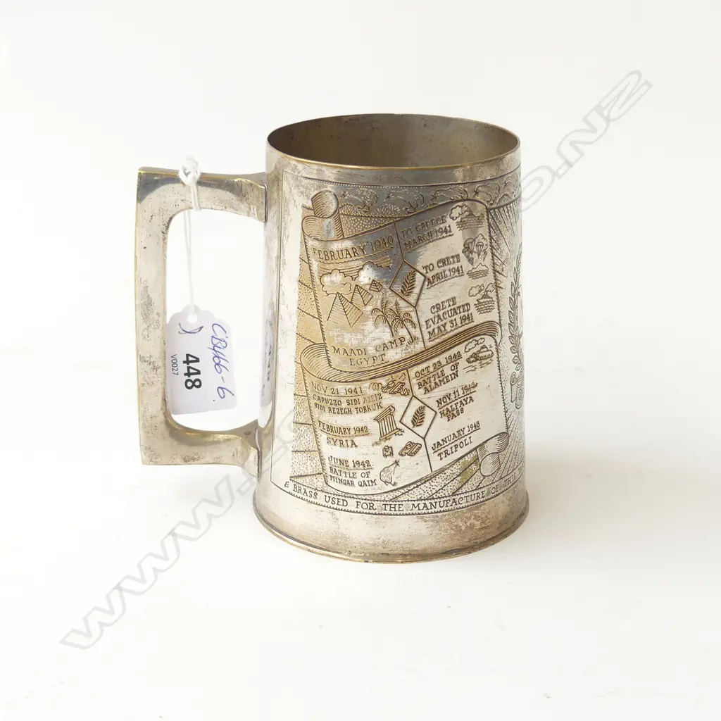 NZ ONWARD SILVER PLATE MUG ' The brass used for the manufacture of this ..from the Battlefields of North Africa' H.120mm Image 1++