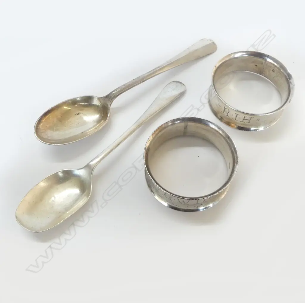 2 SILVER NAPKIN RINGS + 2 TEASPOONS (1 rat tail) 73gms Image 1++