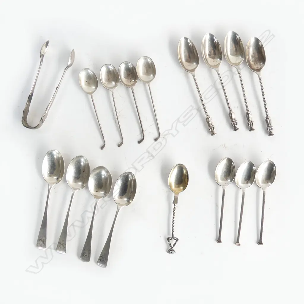 15 SILVER TEASPOONS + TONGS includes: 4 Geo.IV. 3 golfing. 4 Apostle. 3 seal type. 1 w rifle & target finial. 155gms Image 1++