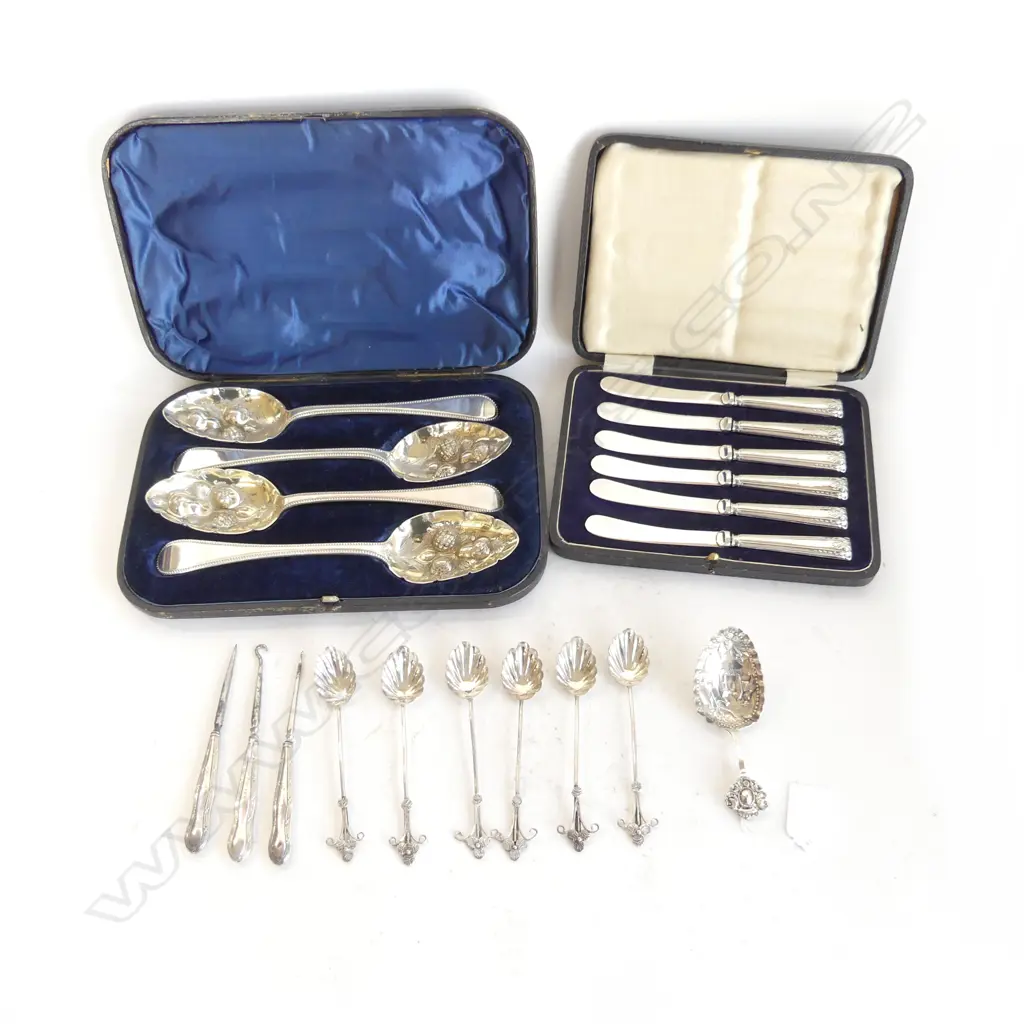 4 EP BERRY SPOONS, 6 STG HANDLED PATE KNIVES, BOTH CASED + 10 PCES SILVER? incl. caddy spoon Image 1++