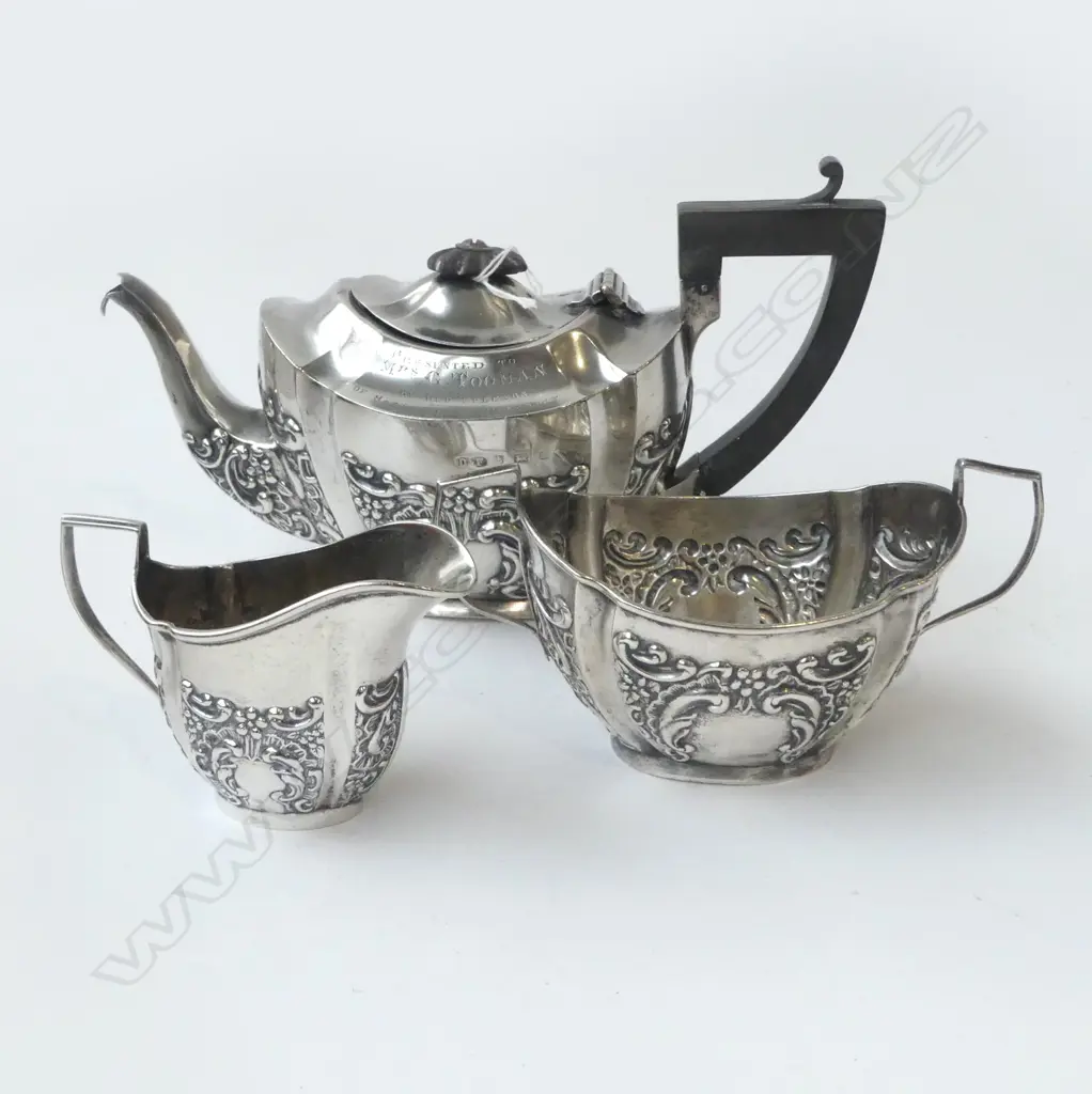 3 PCE STG SILVER BACHELORS TEA SET (SPOUT AF) 497gms Image 1++
