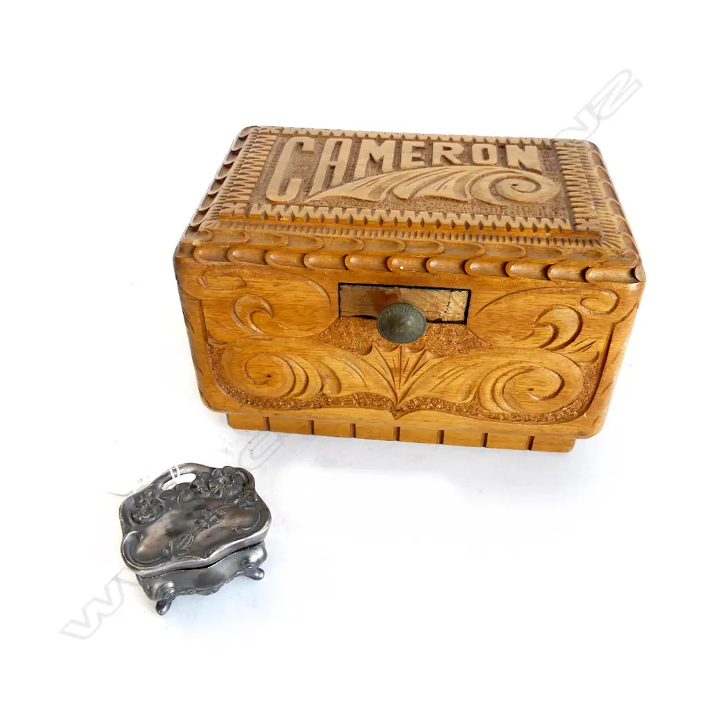 CARVED WOODEN BOX 'CAMERON' W.230mm + SMALL METAL BOX W.65mm Image 1++