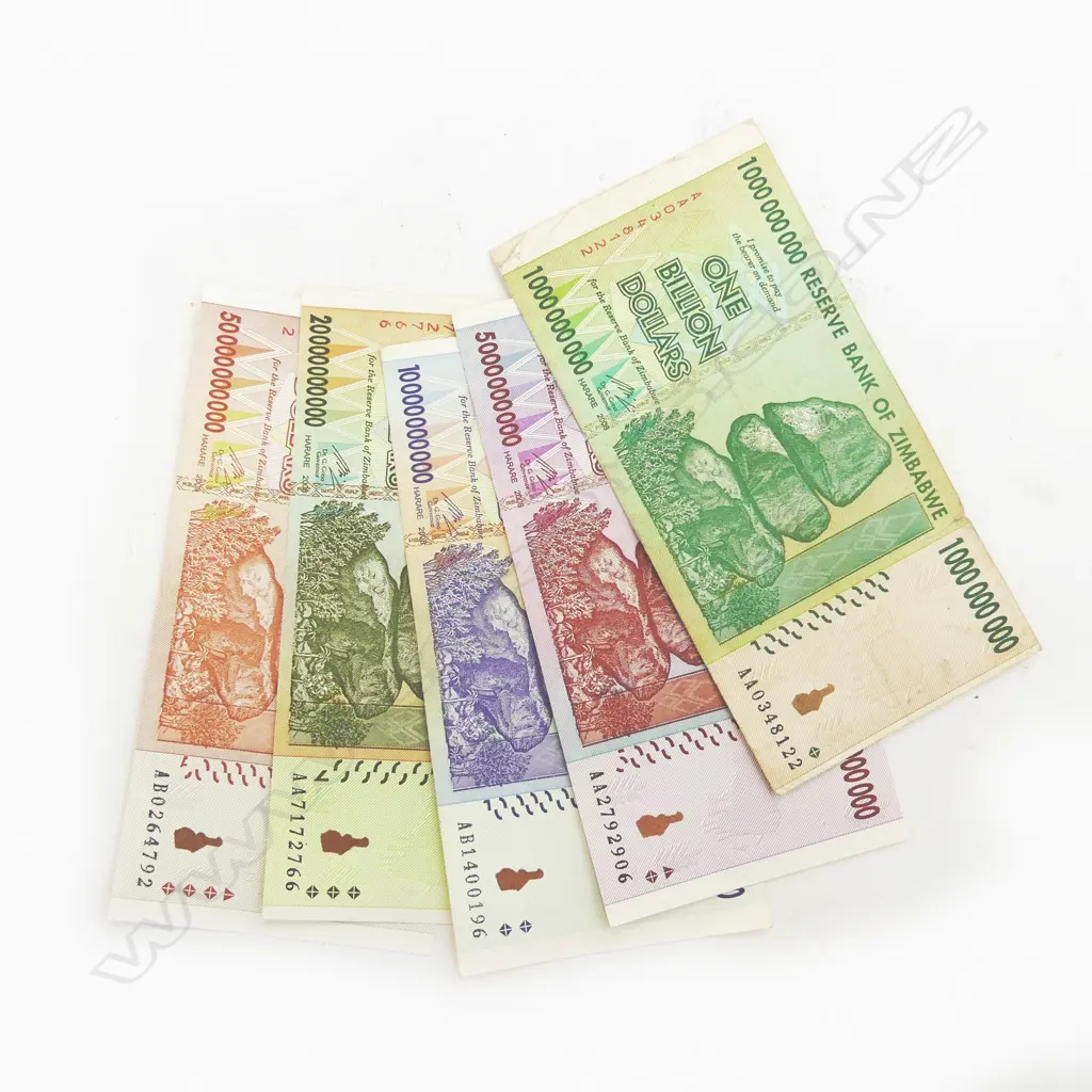 5 BANK OF ZIMBABWE NOTES; 1, 5, 10, 20, 50 BILLION DOLLARS Image 1++