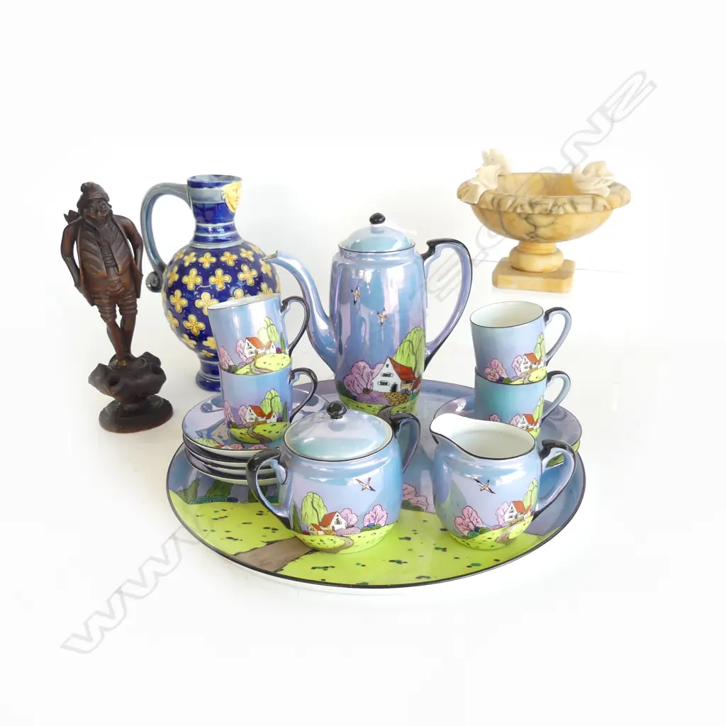 14 PCE TEA SET INCL. TRAY 305mm dia, MINTONS JUG, CARVED WOODEN FIGURE H.205mm, ONYX BIRD BATH 150mm dia Image 1++