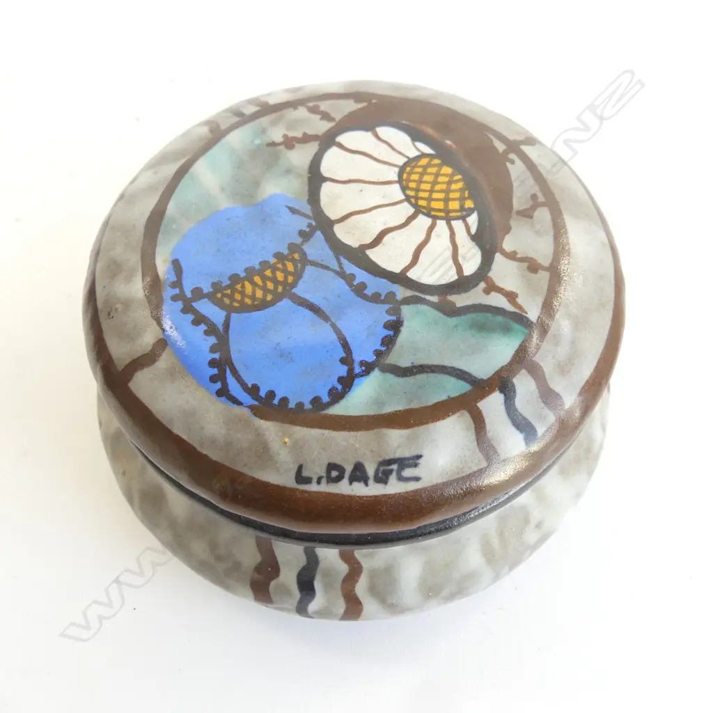 ART DECO FRENCH LOUIS DAGE POTTERY LIDDED BOX stylized florals to lid. Dia.140mm. Image 1++