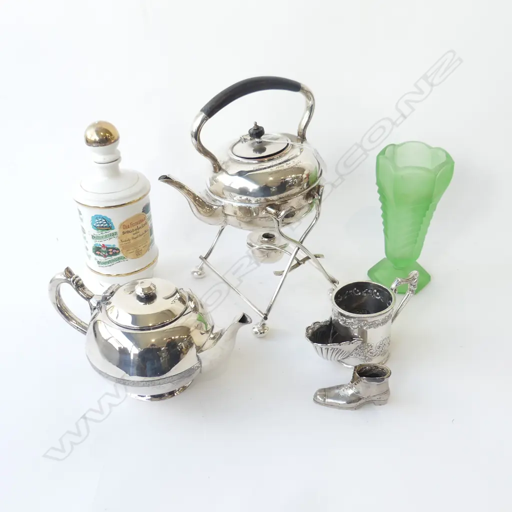 6 PCES; SPIRIT KETTLE ON STAND, TEAPOT,1 VASE, 1 DECANTER, EP SHOE & SHAVING MUG Image 1++