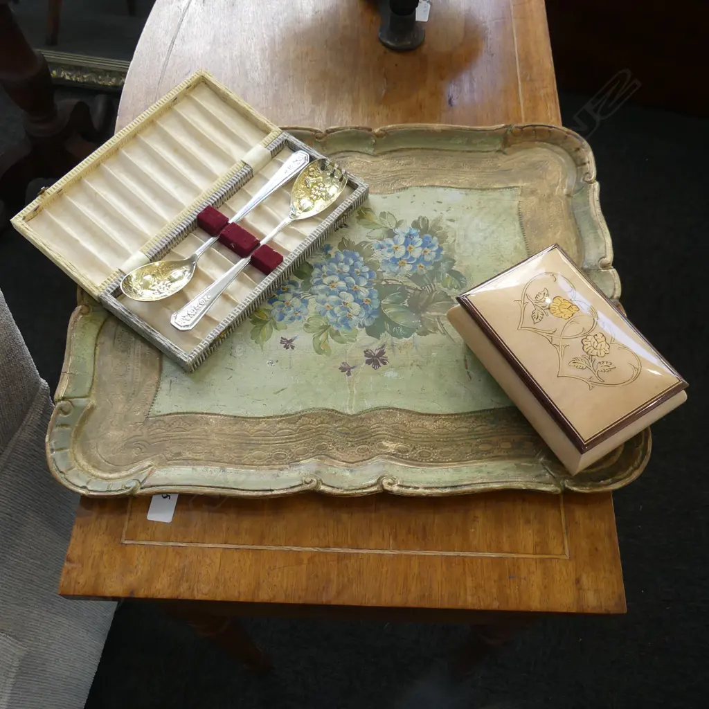 ITALIAN TRAY 375x470mm, SORRENTO MUSIC BOX, PR EP BERRY SPOONS, CASED Image 1++