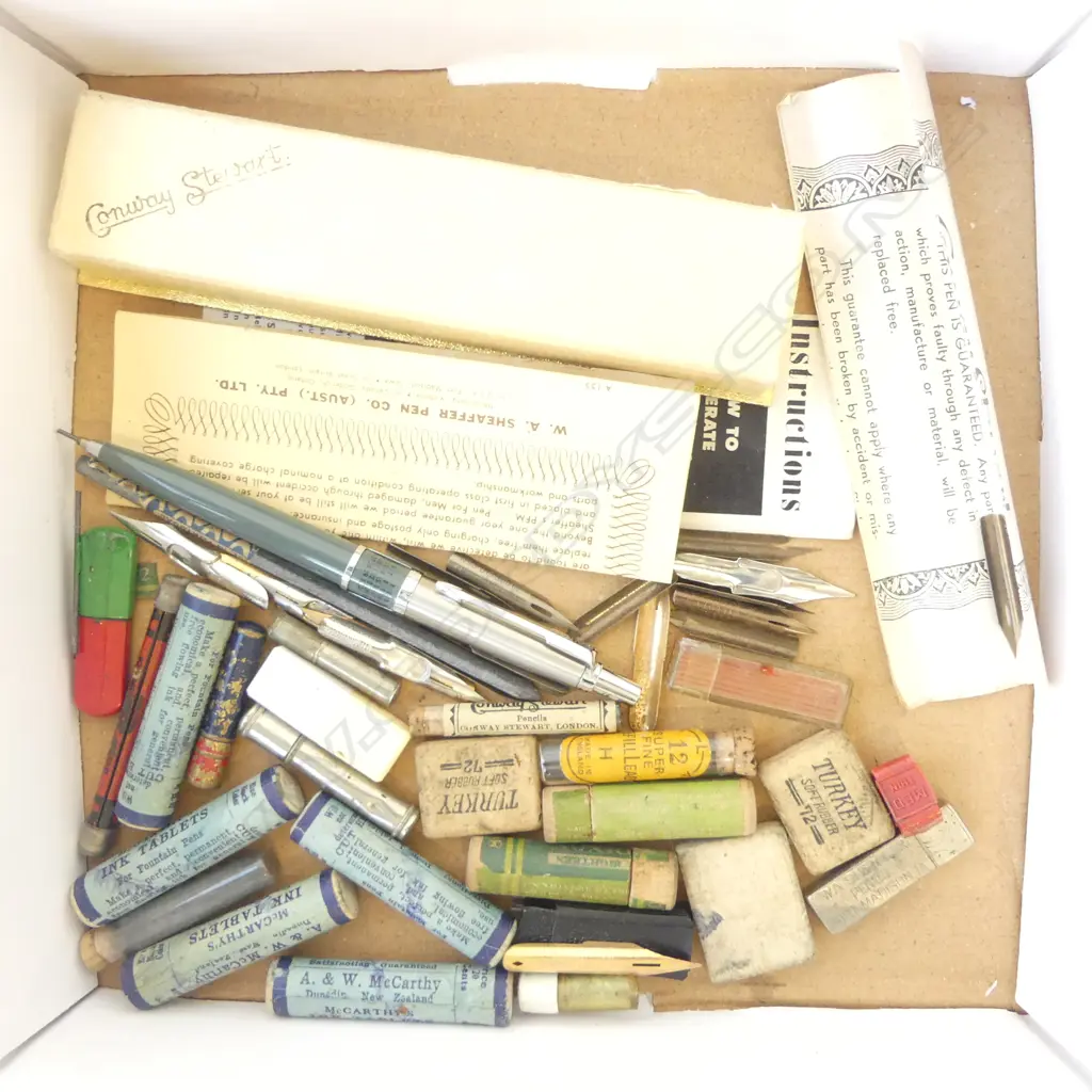 TRAY OF VINTAGE PENCIL LEADS, PEN NIBS, PARKER CALENDAR PENCIL, RUBBERS ETC Image 1++