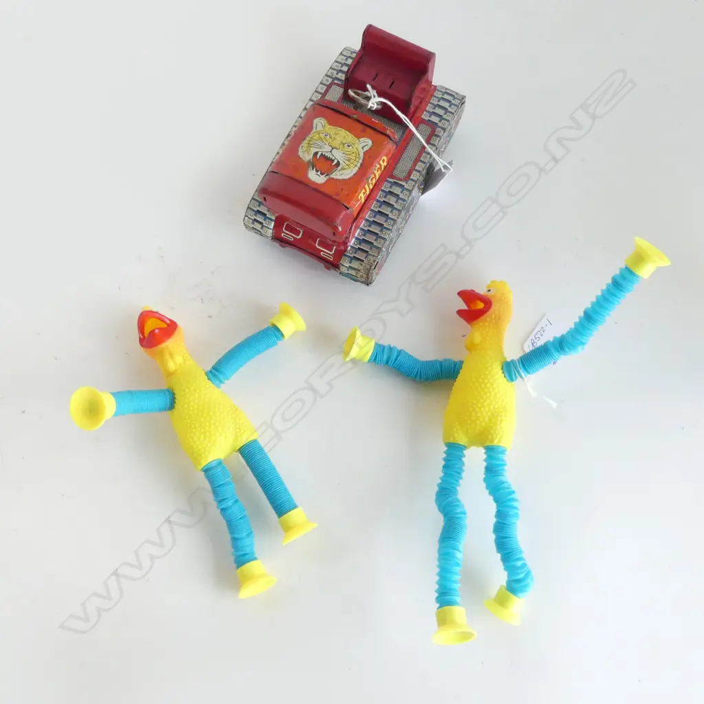 1960's JAPANESE TIN BULLDOZER & 2 FUN CHICKENS w EXTENDABLE ARMS & LEGS Image 1++