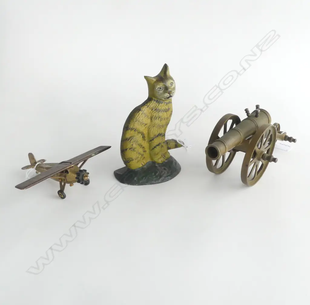 BRASS MINTURE CANNON L260MM METAL AIRPLANE LIGHTER L140MM & CAST IRON CAT DOORSTOP H180MM Image 1++
