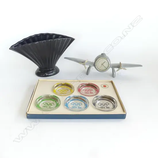 BLACK CERAMIC VASE H.160mm, METAL PLANE CLOCK W.340mm, 5 TOKYO OLYMPICS 1964 GLASS ASHTRAYS, BOXED