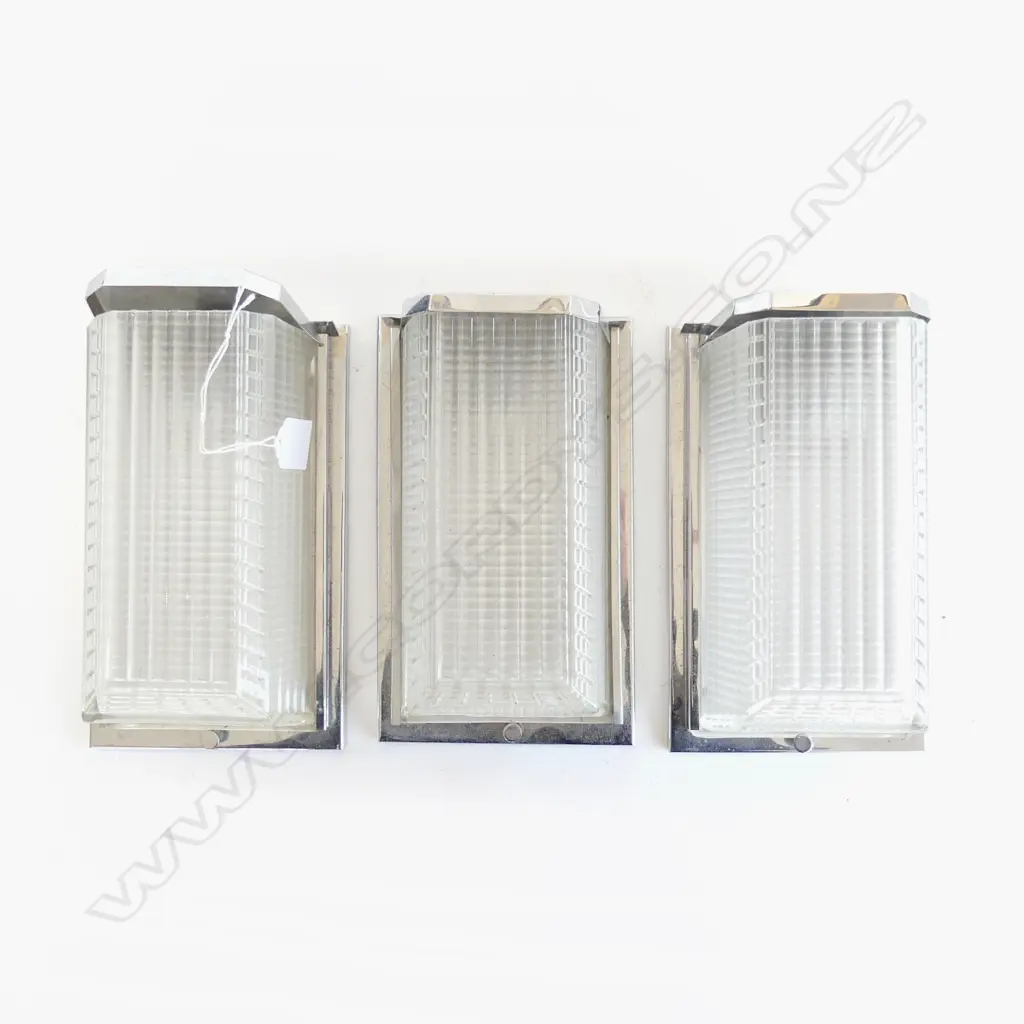 3 ART DECO CHROME & GLASS WALL LIGHTS EX. WATERLOO HOTEL WELLINGTON an Art Deco landmark building Image 1++