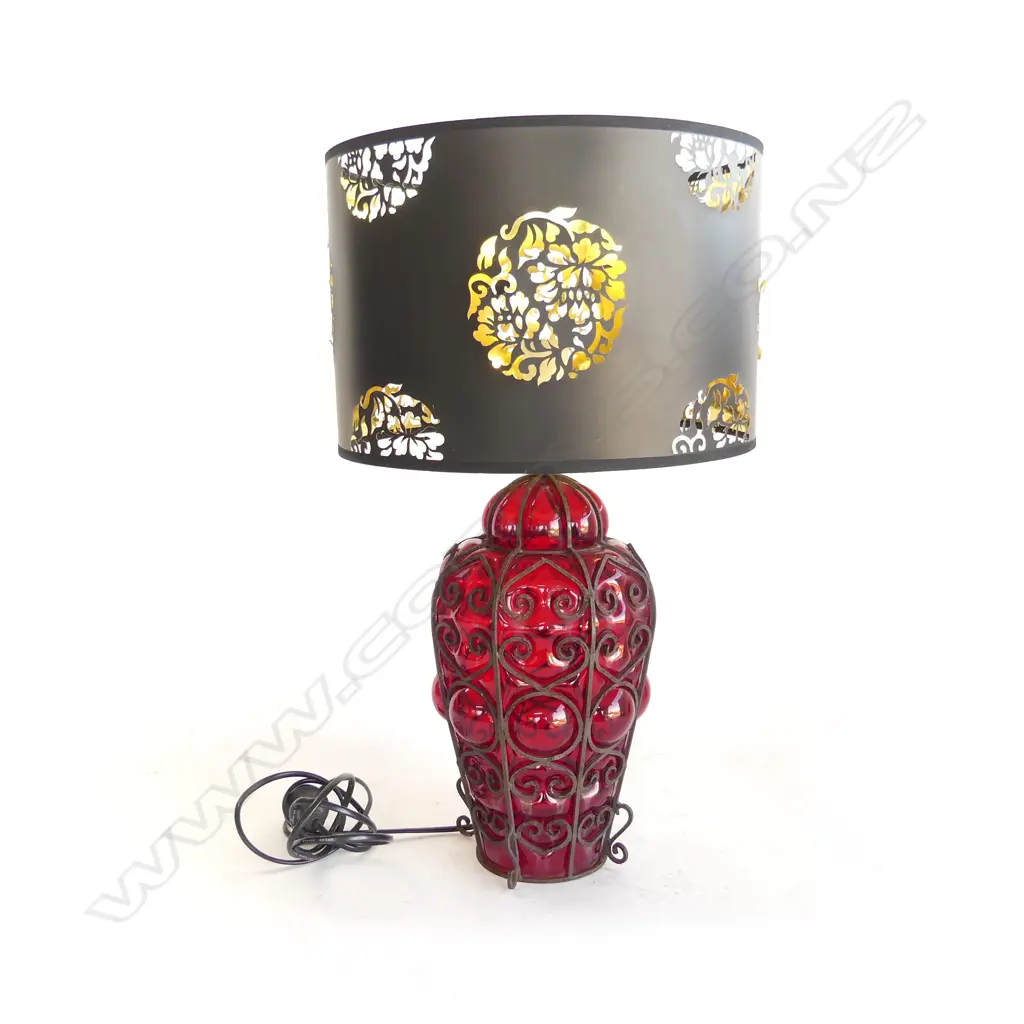 ITALIAN MURANO RED GLASS & METAL ENCASED TABLE LAMP black silouhette shade H.560mm Image 1++