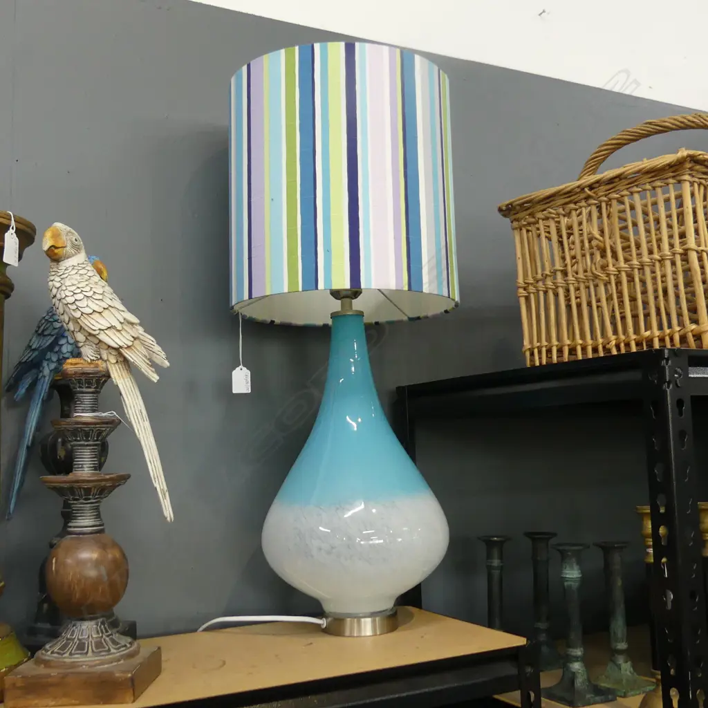 TABLE LAMP; BLUE GLASS BASE w. STRIPED SHADE H.725mm Image 1++