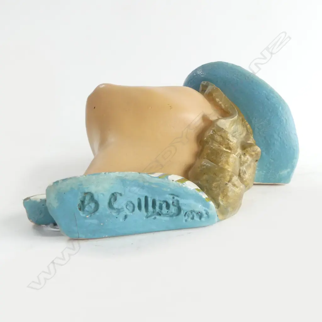 VINTAGE PLASTER WALL MASK WOMAN w BLUE HAT, SIGNED 'B COLLINS' Image 1++