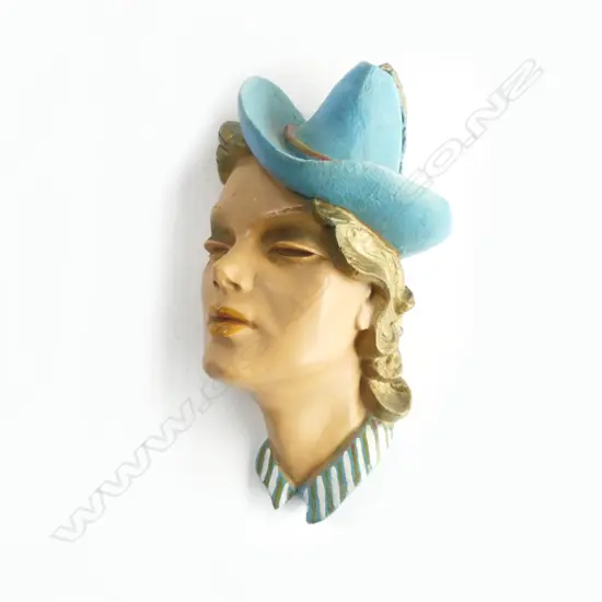 VINTAGE PLASTER WALL MASK WOMAN w BLUE HAT, SIGNED 'B COLLINS'