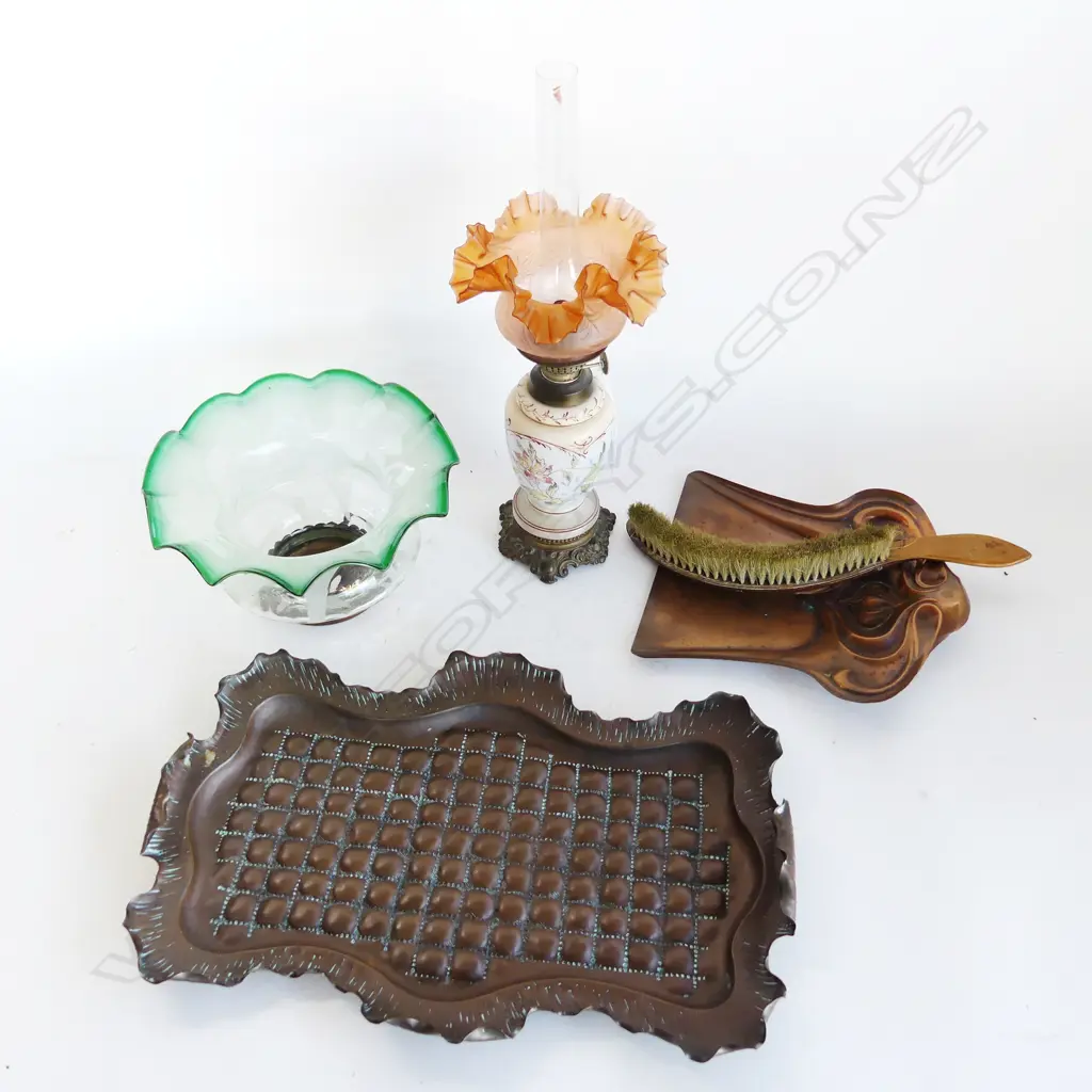 4 EARLY 20thC ITEMS; KERO LANTERN H.420mm, GREEN GLASS LIGHT FITTING 250mm dia, COPPER TRAY & CRUMB TRAY & BRUSH Image 1++