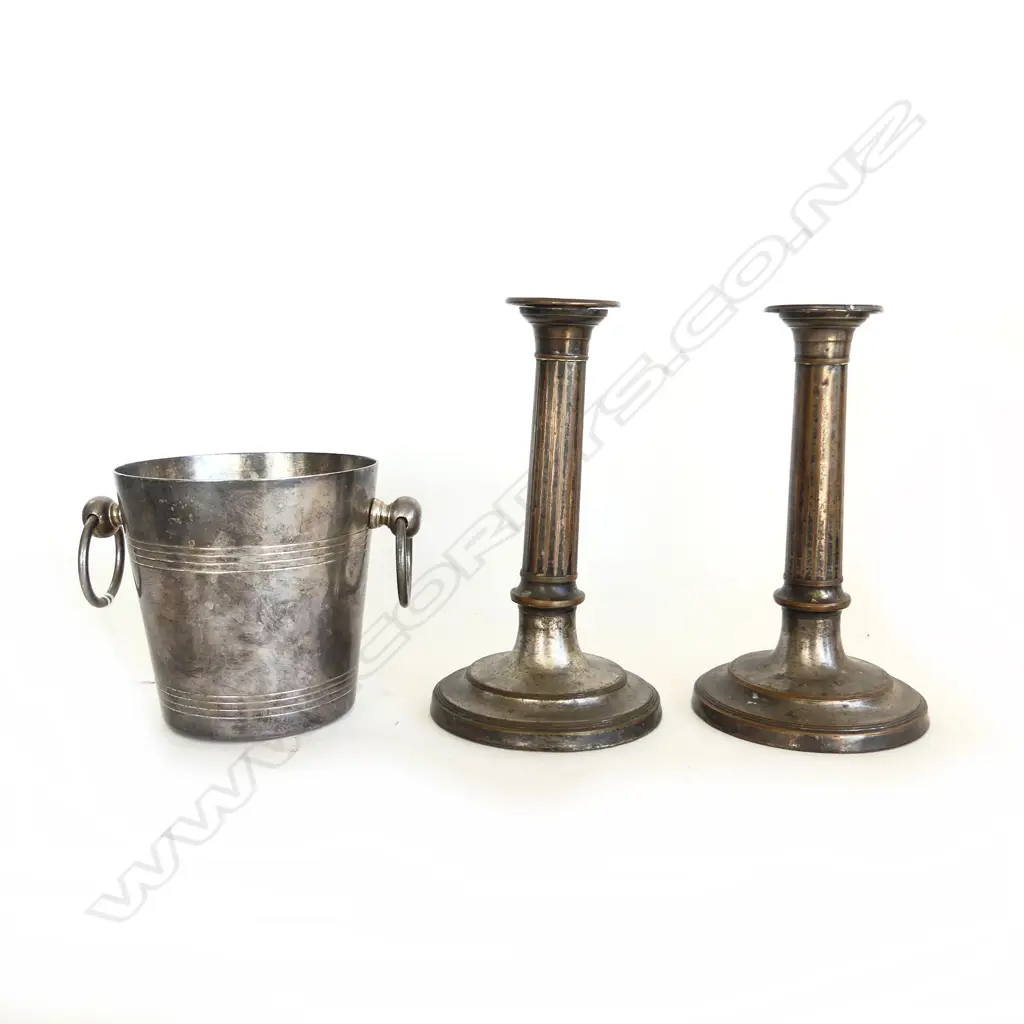 PR OLD SHEFFIELD PLATE CANDLESTICKS H.215mm + EP ICE BUCKET H.130mm Image 1++