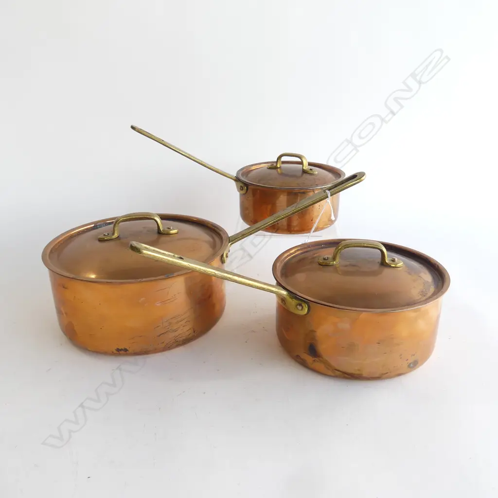 3 VINTAGE PORTUGESE 'TAGUS ELITE' LIDDED COPPER SAUCEPANS... Image 1++