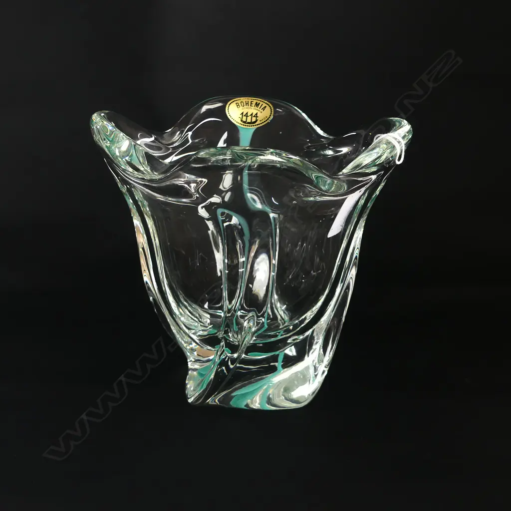 CZECHOSLOVAKIA CHRIBSKA GLASS MID CENTUARY VASE stylish swirled form pale blue inclusions H.175mm Image 1++