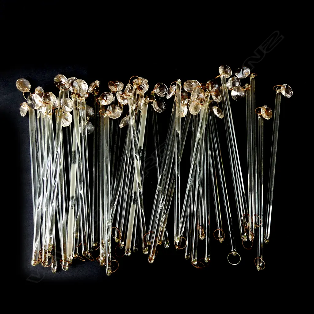 44 VINTAGE FACETED CRYSTAL DROPS ON GLASS STRINGS FOR HANGING, L.170MM Image 1++