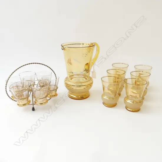 RETRO AMBER / GOLD DRINKS SET; JUG H.220mm & 6 GLASSES + 6 GLASSES IN CIRCULAR HOLDER