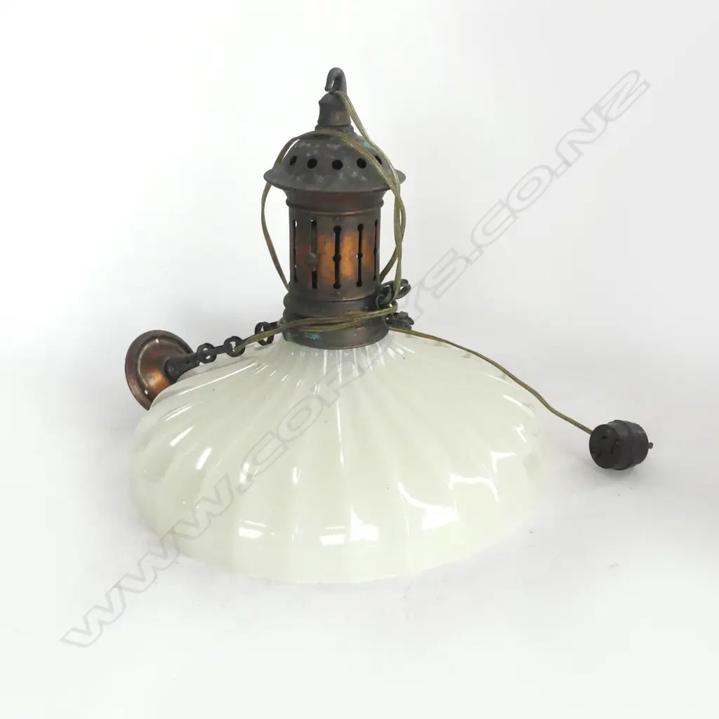 EDWARDIAN COPPER & HEAVY MILKGLASS HANGING LIGHT Dia.370mm. Image 1++