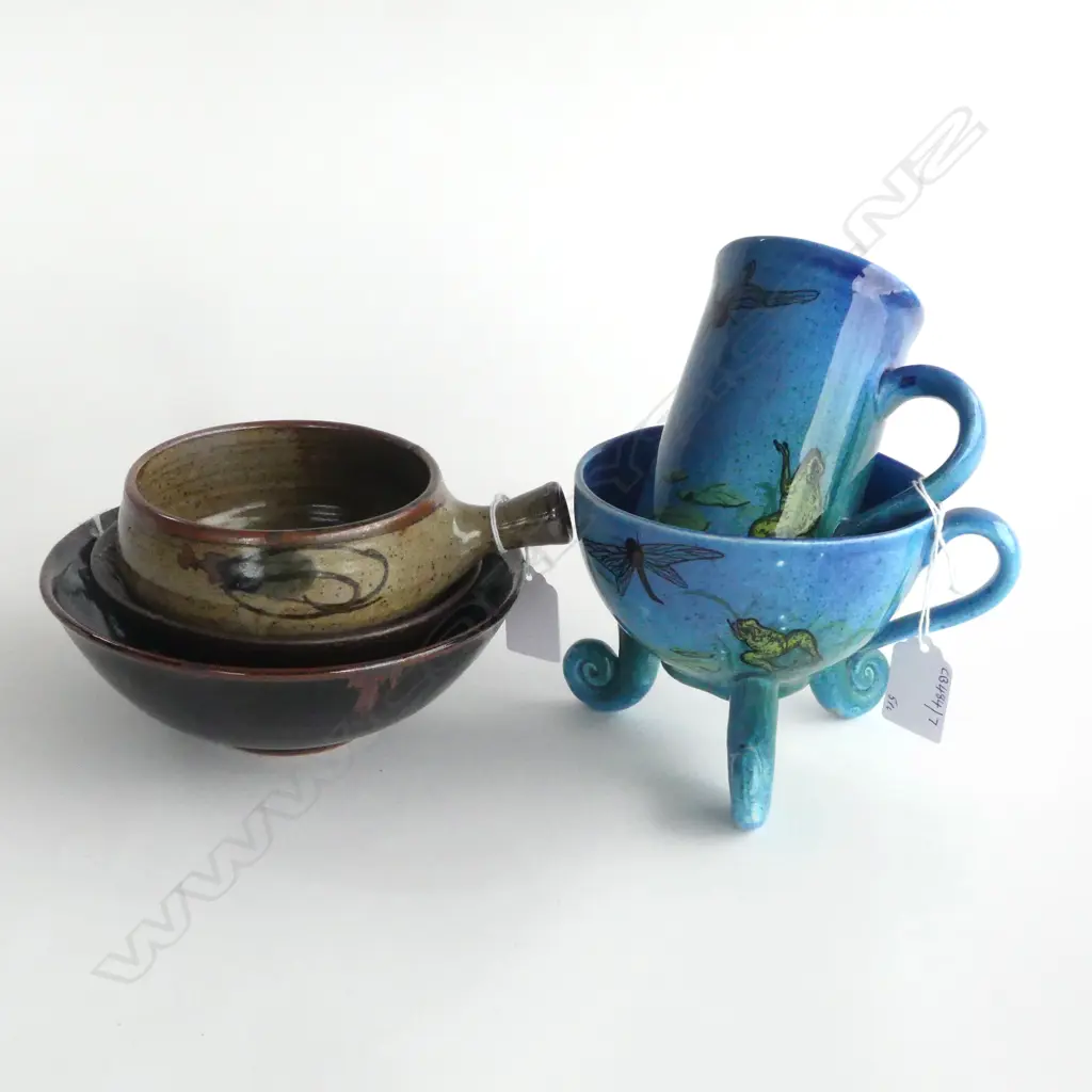 5PCS NZ STUDIO POTTERY 2 SMALL BOWLS DIA170 LARGEST  ANNIE MURRY CUP & MUG H125MM & SOUP COUPE Image 1++