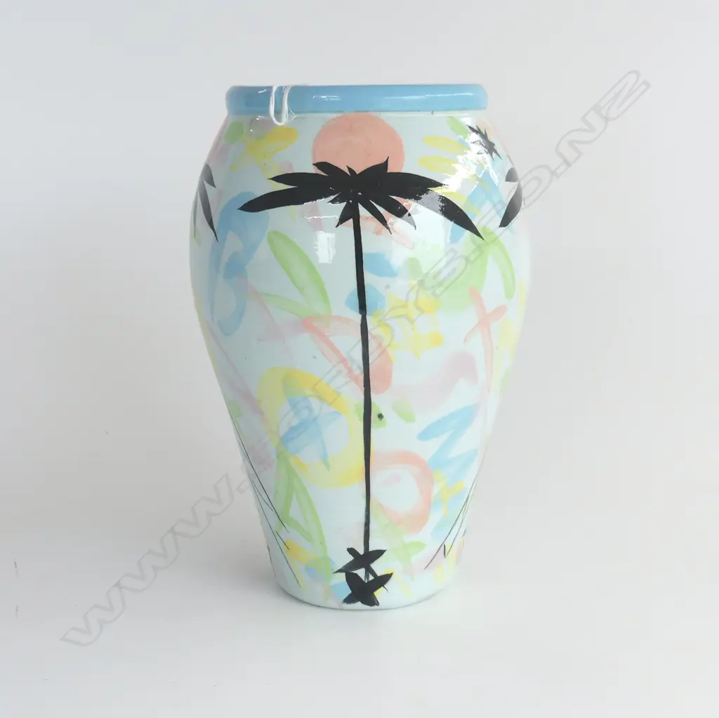 NZ STUDIO POTTERY VASE WITH PALMS & LADDERS H.200mm. brightly glazed UNMARKED Image 1++