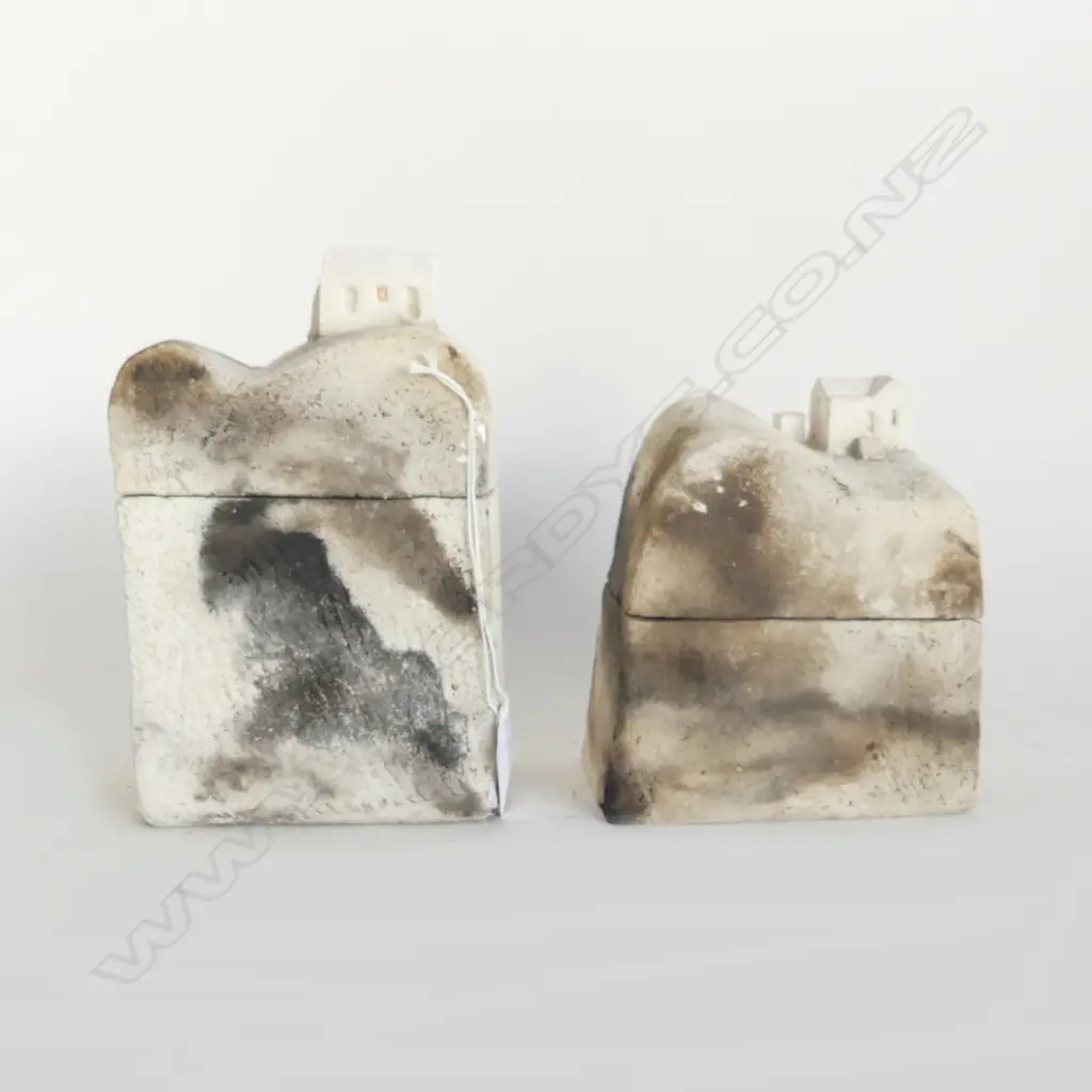 2 WENDY MASTERS STUDIO POTTERY CONTAINERS 'DESERTED HOUSE' & 'FOOTHILLS HOUSE' H.180mm Image 1++