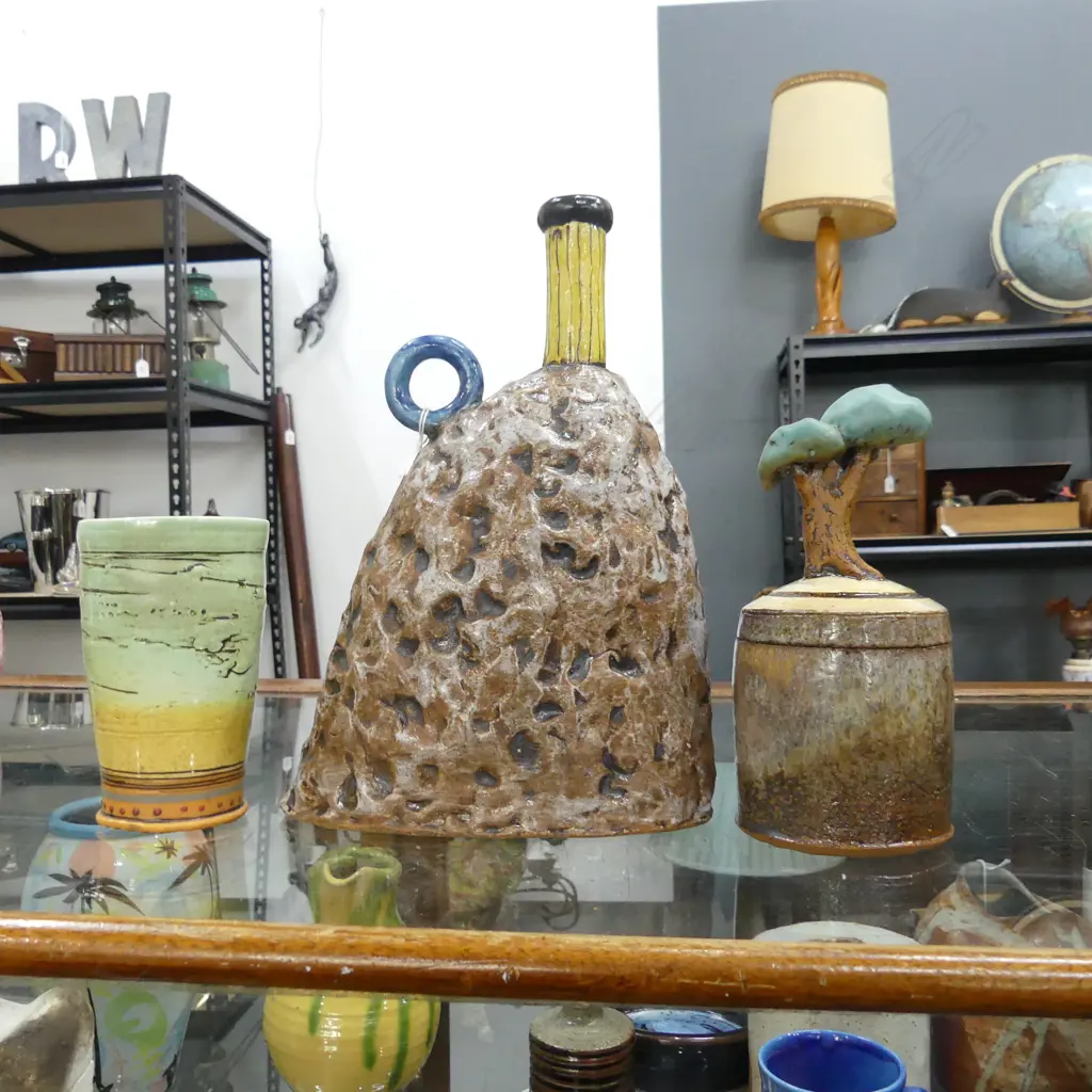 3 PCES BRENDAN ADAMS DESIGN STUDIO POTTERY, VASE H.295mm, BEAKER, LIDDED CONTAINER w. TREE H.200mm Image 1++