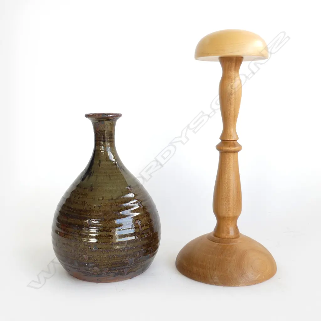 TURNED WOOD WIG STAND H300MM &STUDIO POTTERY VASE H290MM Image 1++