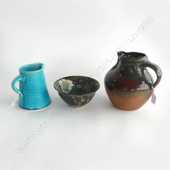 2 STUDIO POTTERY JUGS 1CHIPPED  H190 TALLEST & STUDIO POTTERY BOWL DIA160MM
