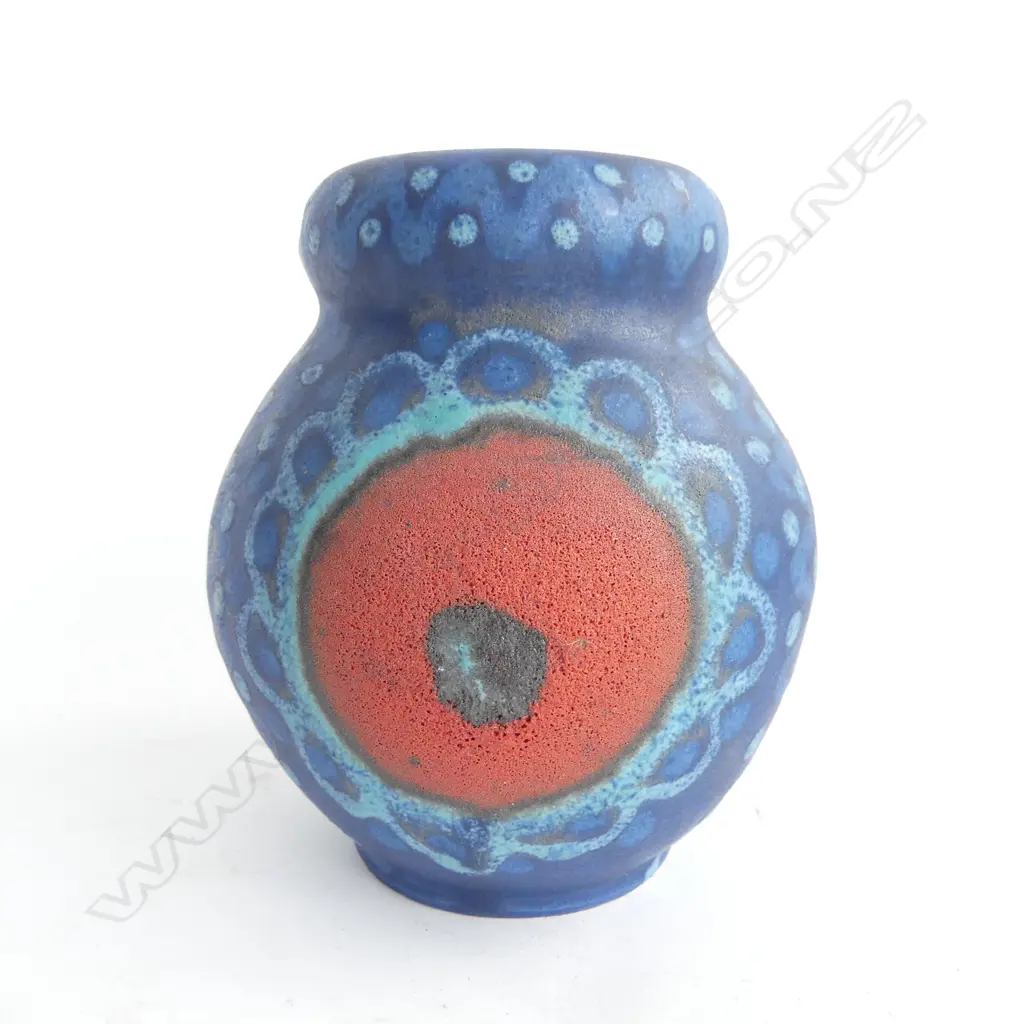 WEST GERMAN SILBERDISTEL VASE RED CENTERED FLOWER on blue patterned ground c1960/70's H.148mm. Image 1++