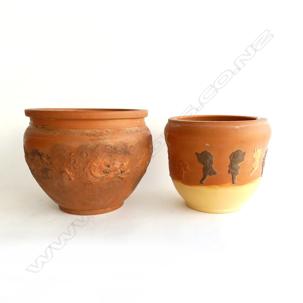 2 c.1910 JAPANESE REDWARE JARDINIERES 1 SMALL CHIP Image 1++