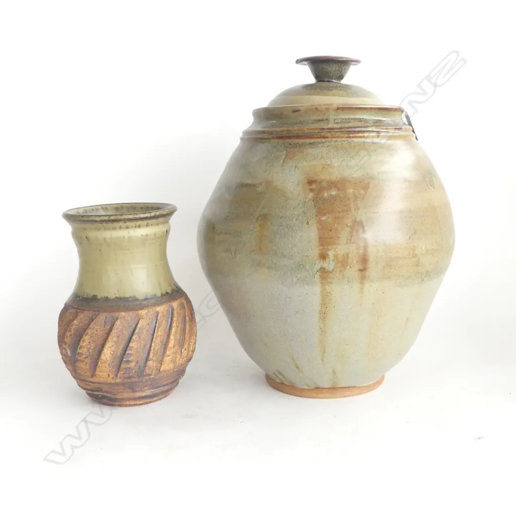 STUDIO POTTERY LIDDED JAR H370MM CHIP TO LID & STUDIO POTTERY  VASE  H210MM Image 1++