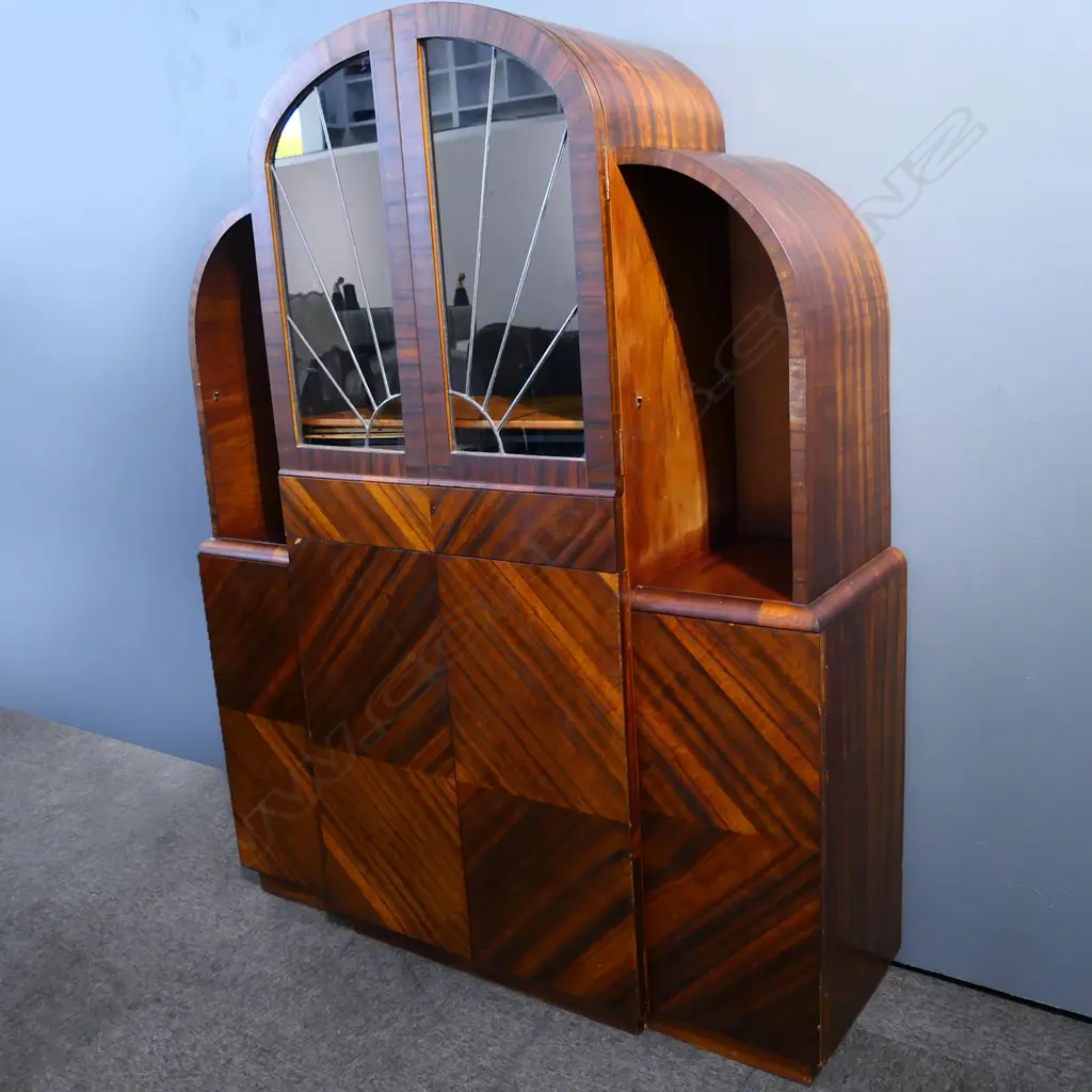 ART DECO CUBAN MAHOGANY CATHEDRAL DISPLAY CABINET, CONCEALED DOOR PULLS Image 1++