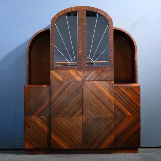 ART DECO CUBAN MAHOGANY CATHEDRAL DISPLAY CABINET, CONCEALED DOOR PULLS
