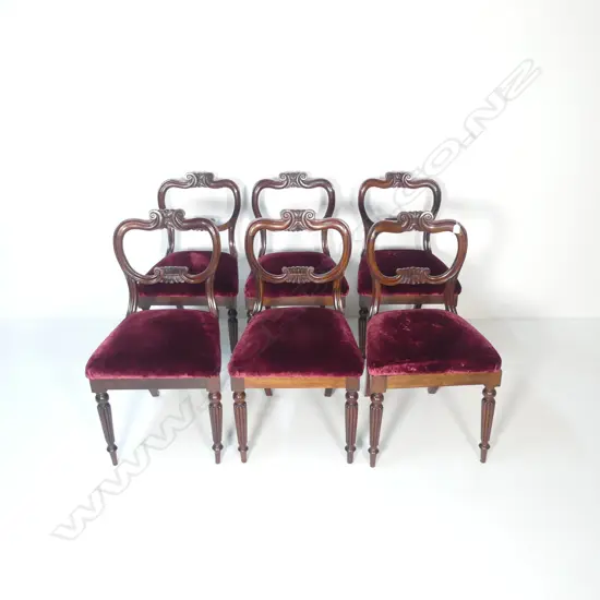 6 ANTIQUE MAHOGANY DINING CHAIRS w. MAROON VELVET SEATS