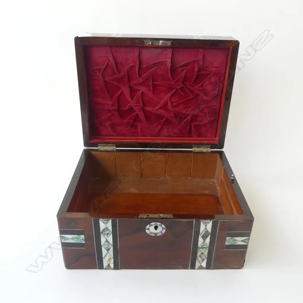 VICTORIAN M.O.P INLAID JEWELLERY BOX WITH SECRET COMPARTMENT, PULL PIN TO RELEASE SPRING LOADED COMPARMENTED TRAY, L.300 Image 1++