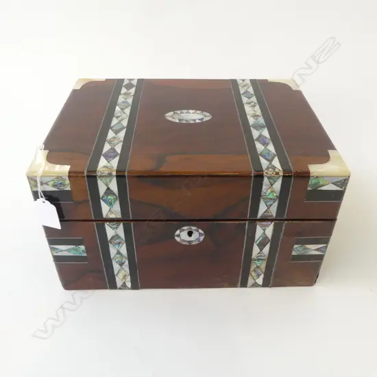 VICTORIAN M.O.P INLAID JEWELLERY BOX WITH SECRET COMPARTMENT, PULL PIN TO RELEASE SPRING LOADED COMPARMENTED TRAY, L.300