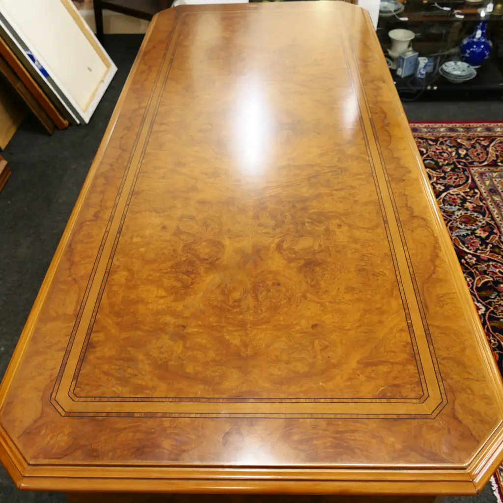 QUALITY INLAID BURR WALNUT DOUBLE PEDESTAL DESK, W KEY & GLASS TOP, 1560 x 690 x 790mm Image 1++
