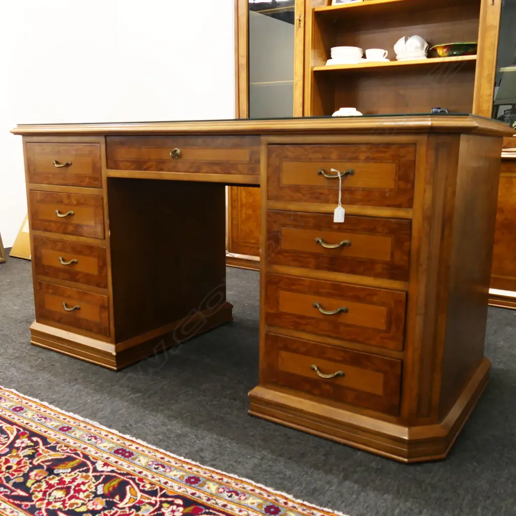 QUALITY INLAID BURR WALNUT DOUBLE PEDESTAL DESK, W KEY & GLASS TOP, 1560 x 690 x 790mm Image 1++