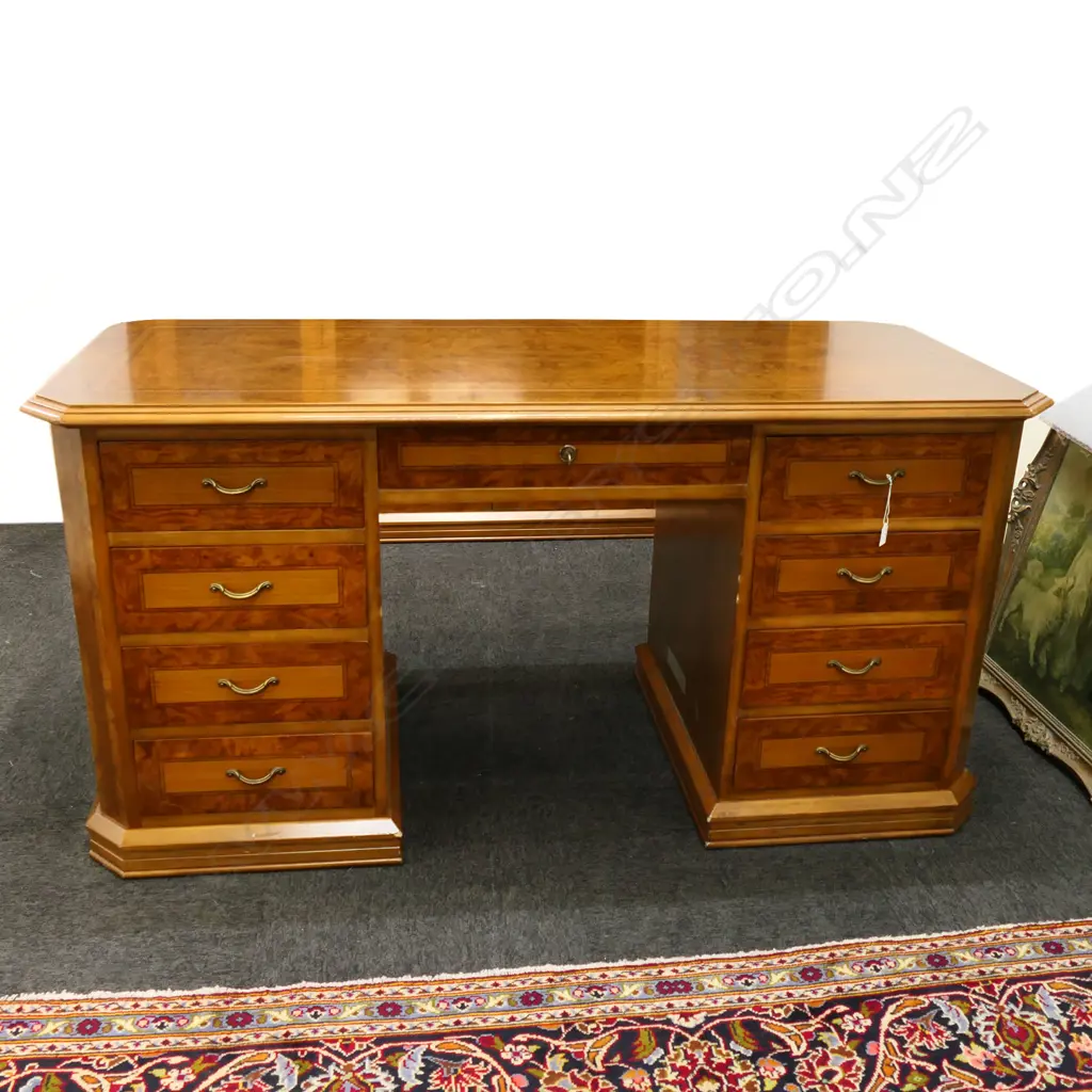 QUALITY INLAID BURR WALNUT DOUBLE PEDESTAL DESK, W KEY & GLASS TOP, 1560 x 690 x 790mm Image 1++