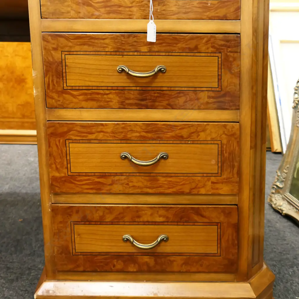 QUALITY INLAID BURR WALNUT DOUBLE PEDESTAL DESK, W KEY & GLASS TOP, 1560 x 690 x 790mm Image 1++